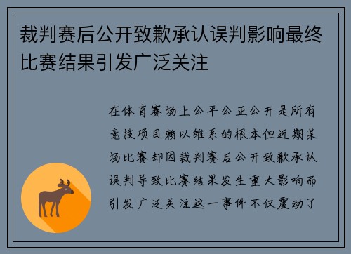 裁判赛后公开致歉承认误判影响最终比赛结果引发广泛关注