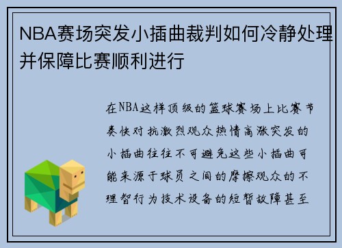 NBA赛场突发小插曲裁判如何冷静处理并保障比赛顺利进行
